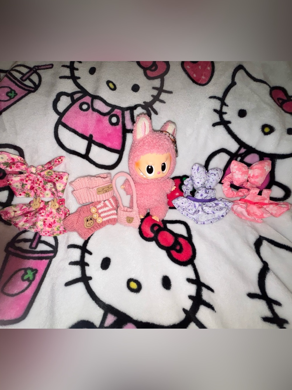 Pink Labubu plush with clothes
